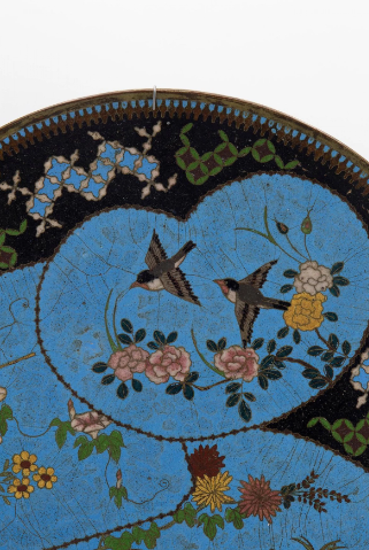 Chinese bronze and cloisonné enamel decorative plate with birds and flowers 3