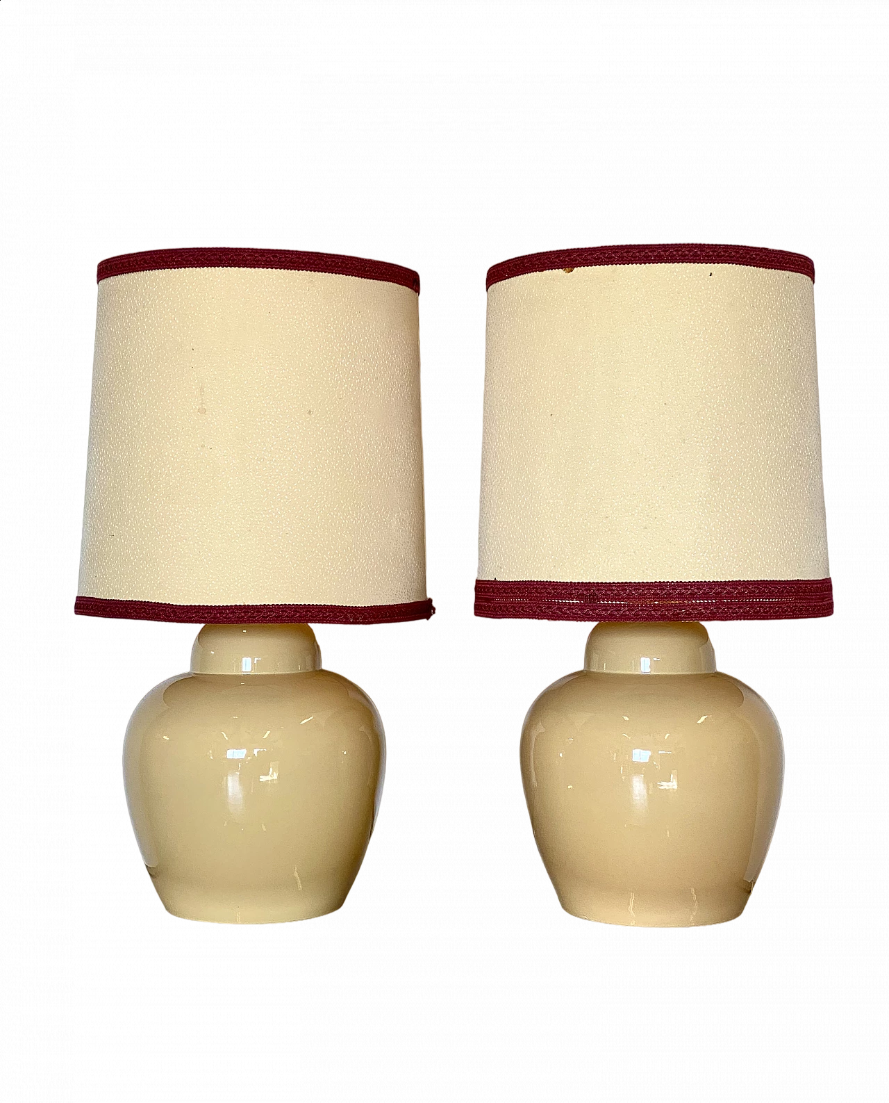 Coppia di lampade da tavolo in ceramica con paralume in tessuto, anni '70 6