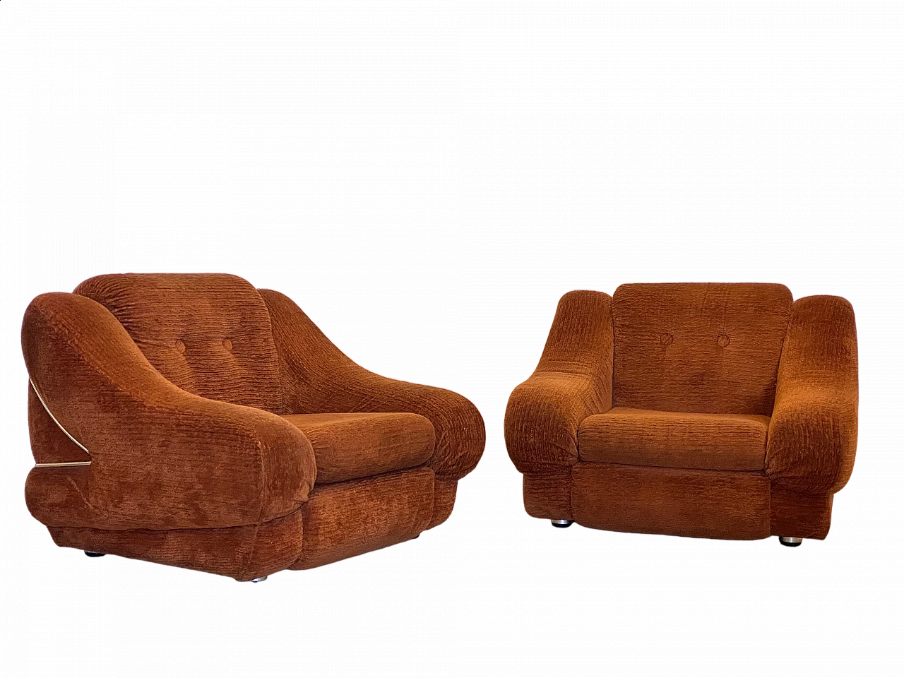 Pair of brick-coloured fabric armchairs with aluminium frames, 1970s 14