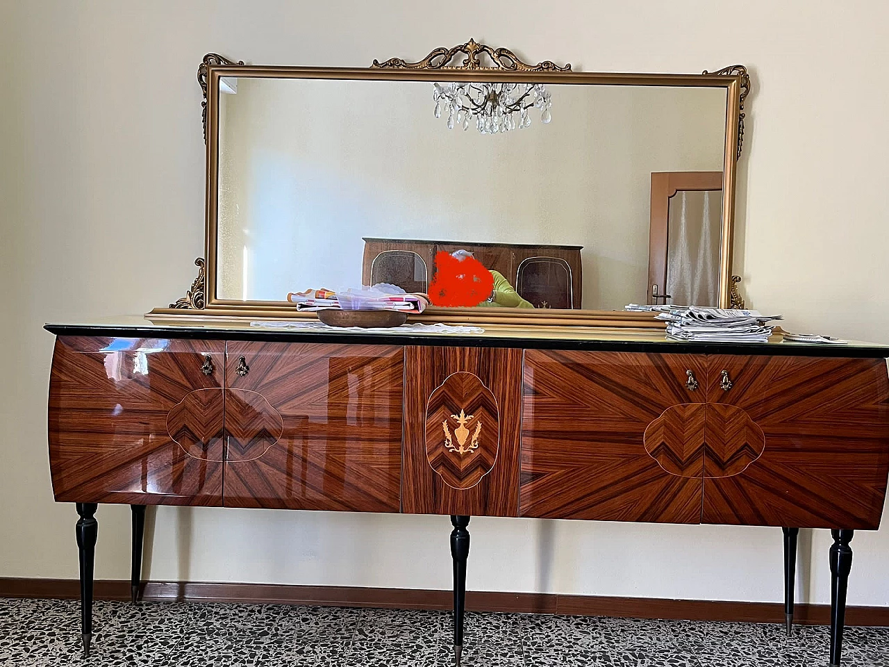 Credenza in legno con piano in vetro marmorizzato, anni '60 5