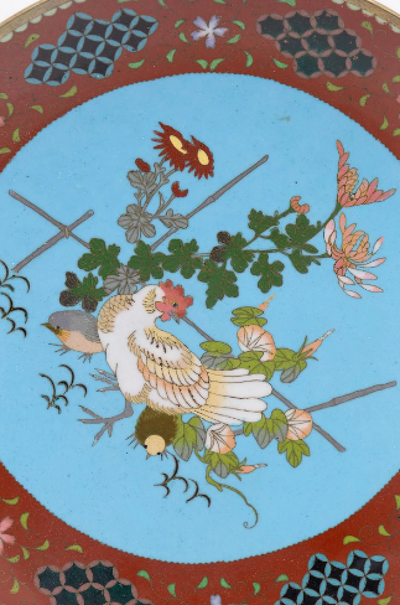 Piatto decorativo cinese in bronzo e smalto cloisonné con gallina 1