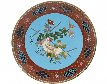 Chinese bronze and cloisonné enamel decorative plate with hen