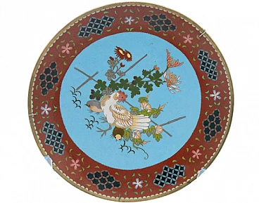 Piatto decorativo cinese in bronzo e smalto cloisonné con gallina