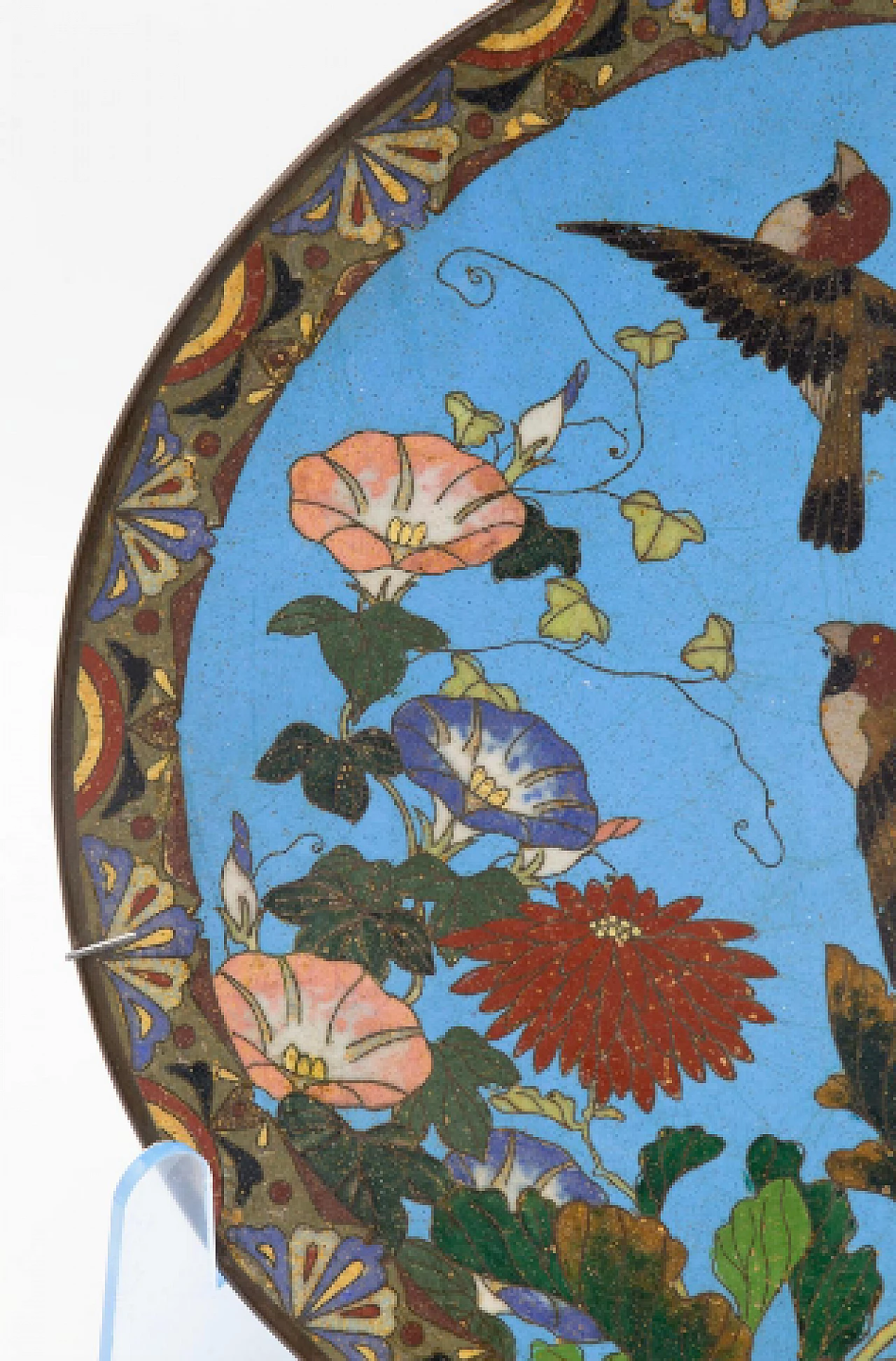 Chinese bronze and cloisonné enamel decorative plate with flowers and animals 4