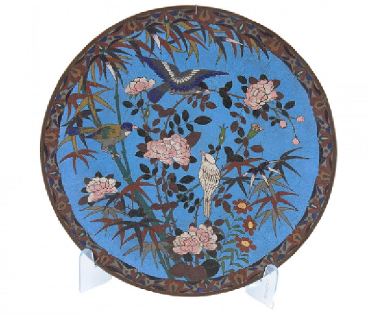 Piatto decorativo cinese in smalto cloisonné e bronzo con fiori e uccelli 1