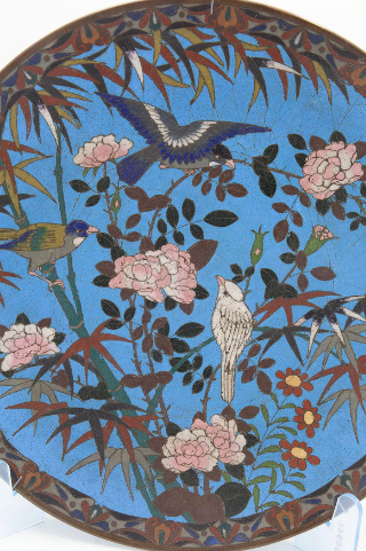 Chinese cloisonné enamel and bronze decorative plate with flowers and birds 2