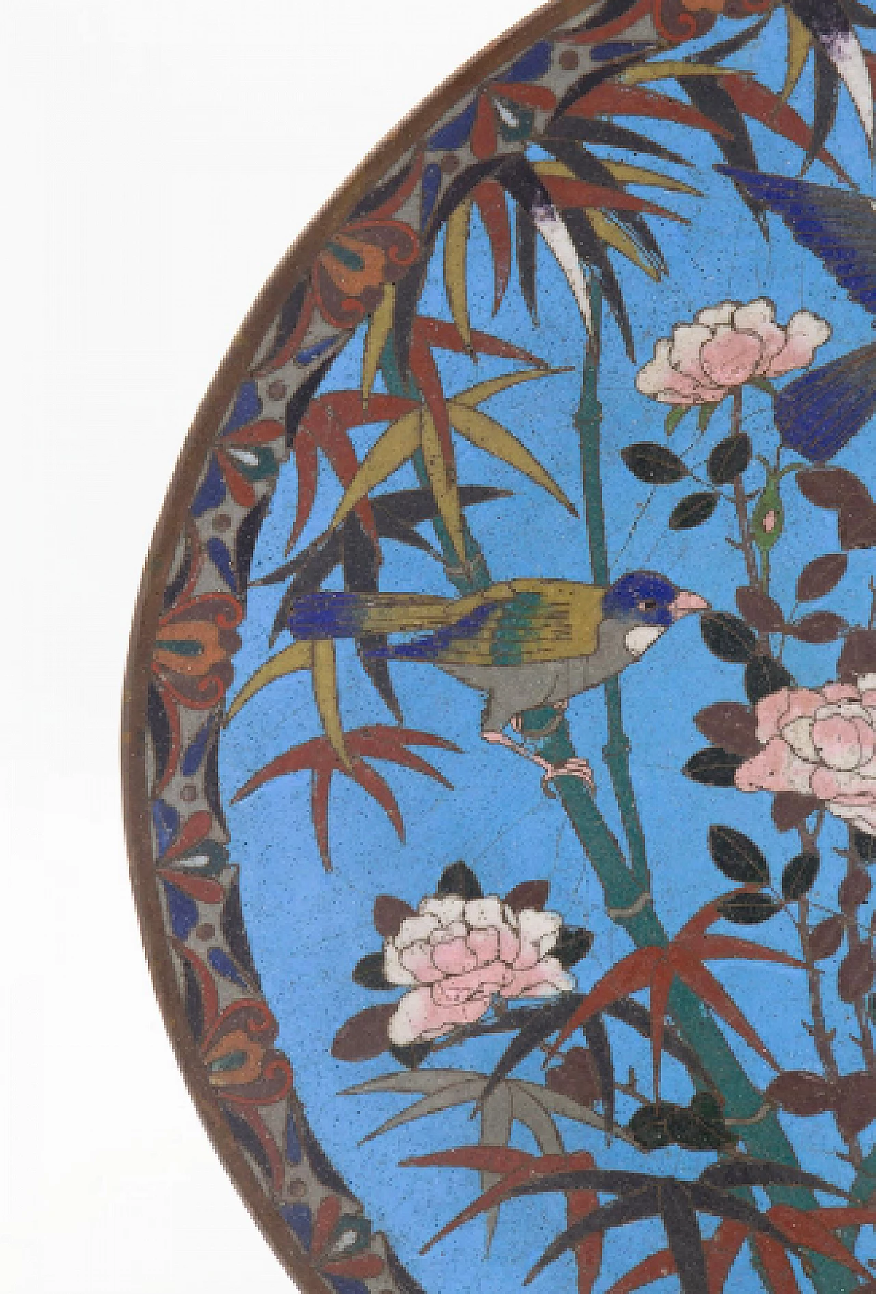 Chinese cloisonné enamel and bronze decorative plate with flowers and birds 4