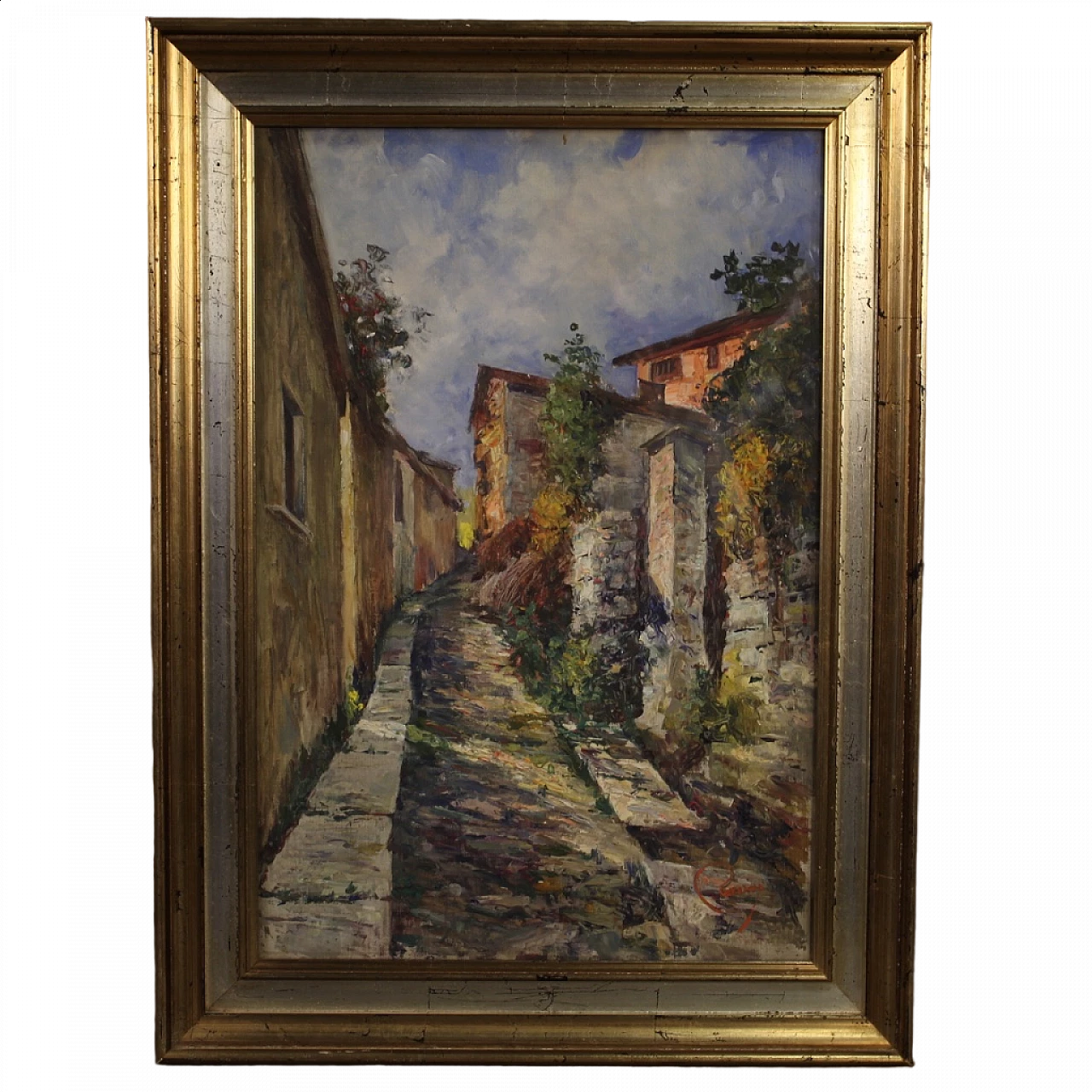 Scorcio di strada di paese, dipinto a olio su cartoncino 17