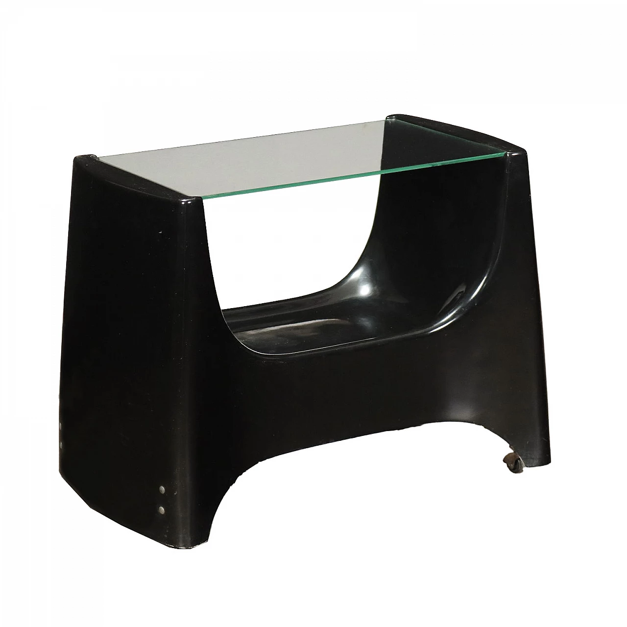 Tavolino porta TV in plastica nera con piano in vetro, anni '70 1