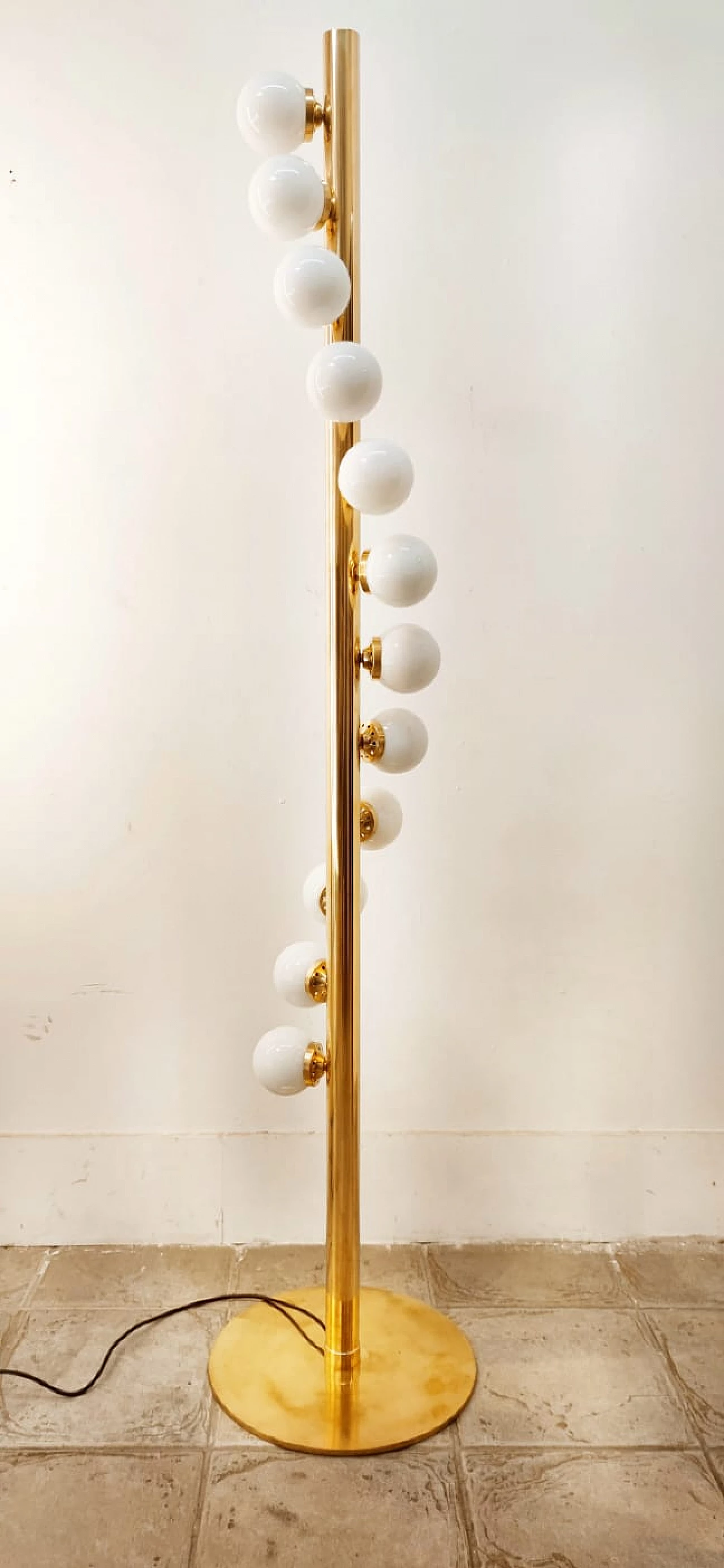 Sputnik 12-light floor lamp, brass with white polished glass, 1970s 2