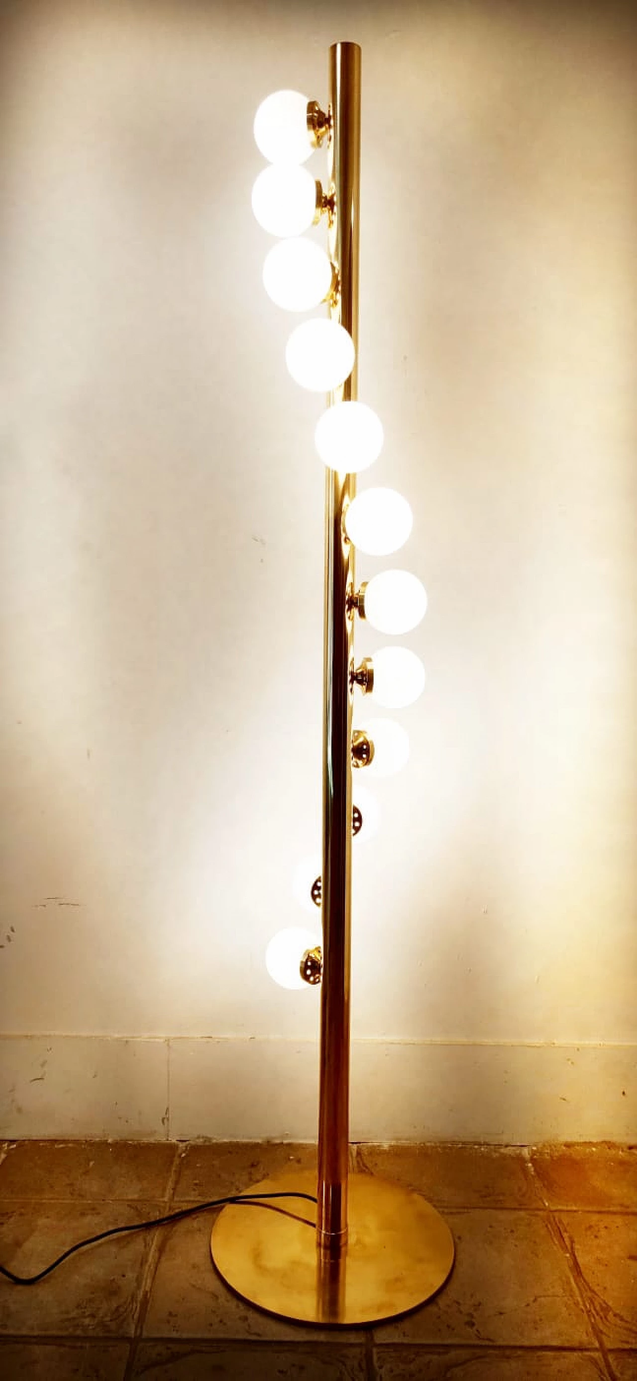 Sputnik 12-light floor lamp, brass with white polished glass, 1970s 3