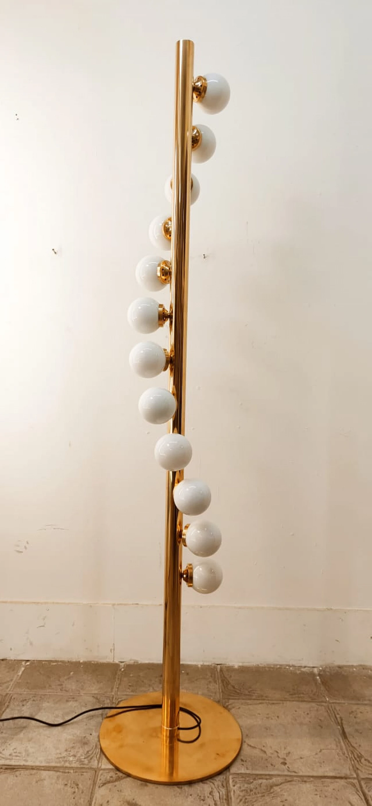Sputnik 12-light floor lamp, brass with white polished glass, 1970s 20
