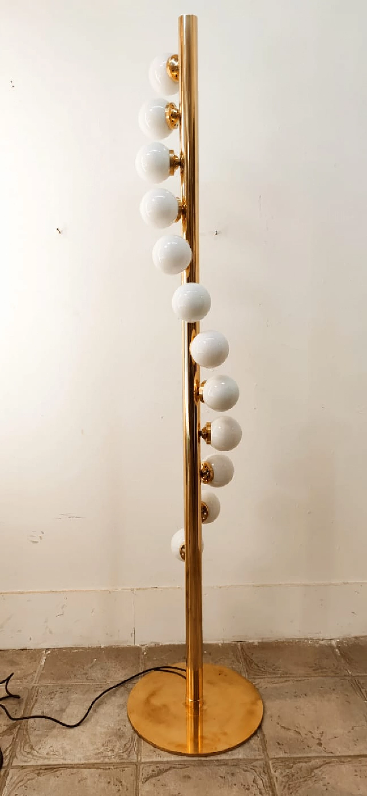 Sputnik 12-light floor lamp, brass with white polished glass, 1970s 21