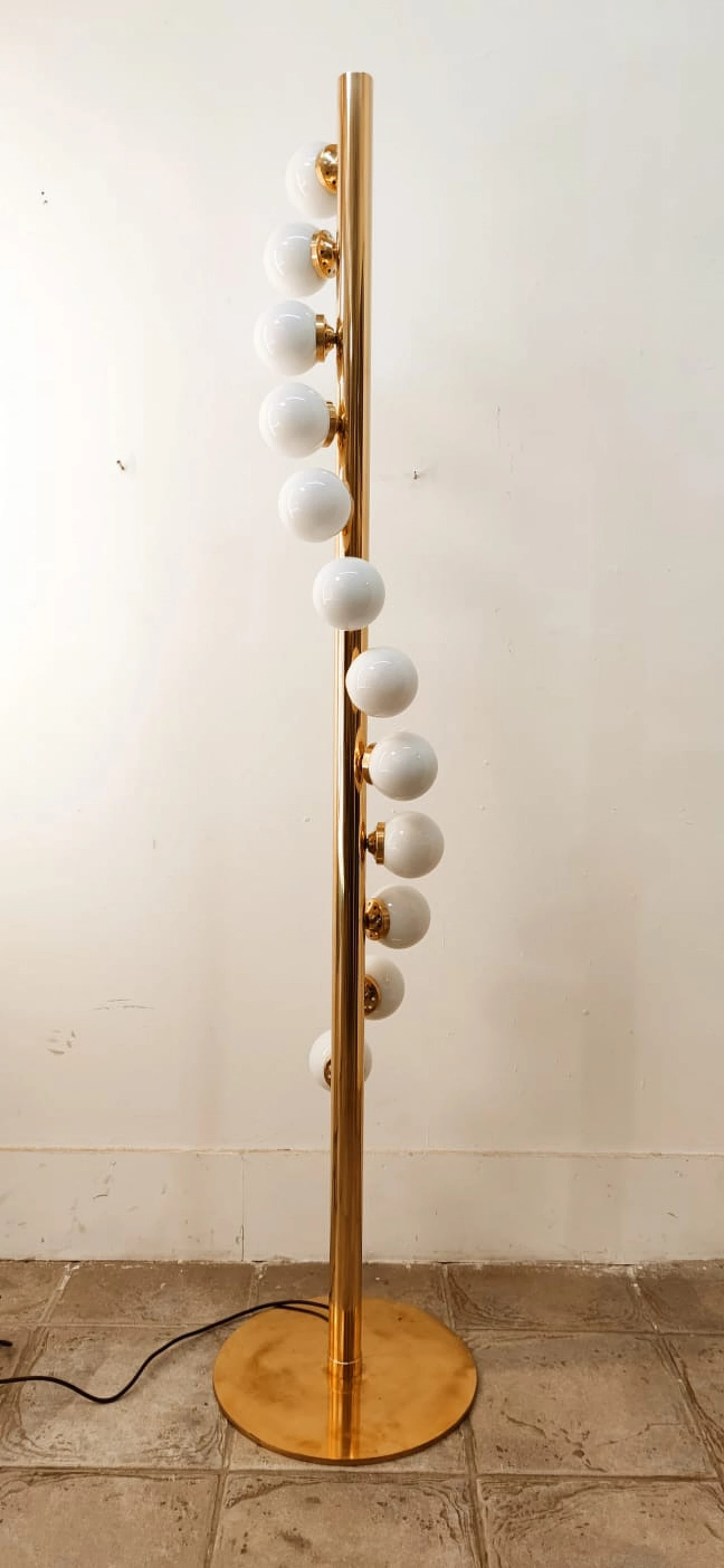 Sputnik 12-light floor lamp, brass with white polished glass, 1970s 22