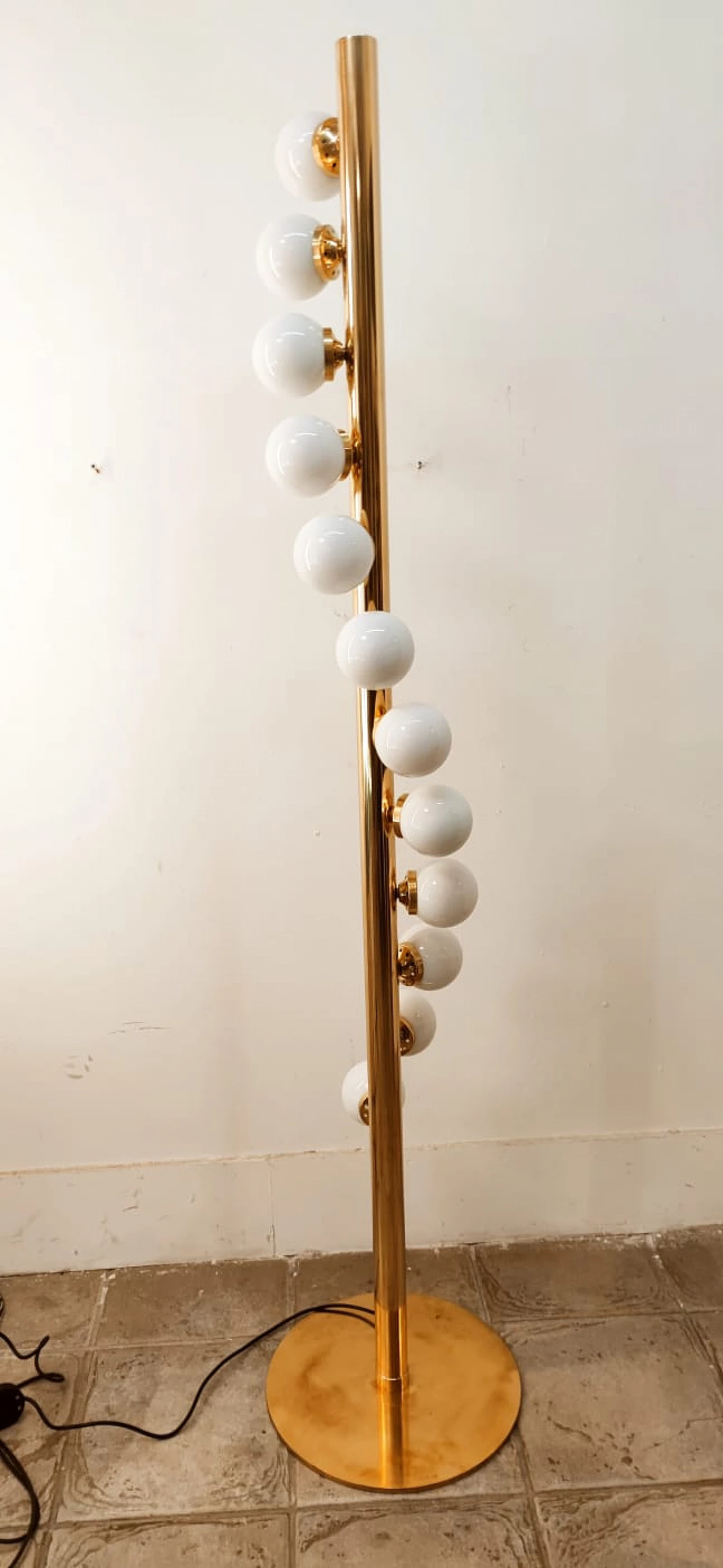 Sputnik 12-light floor lamp, brass with white polished glass, 1970s 24