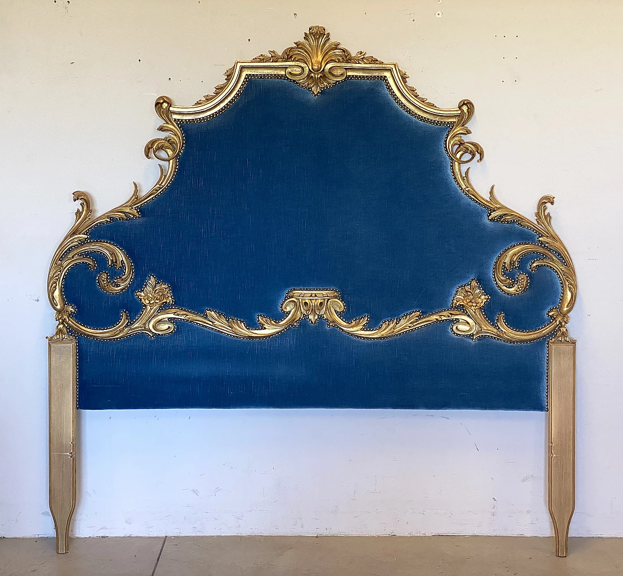 Louis XV style gilded wood and blue velvet headboard, 1960s 1
