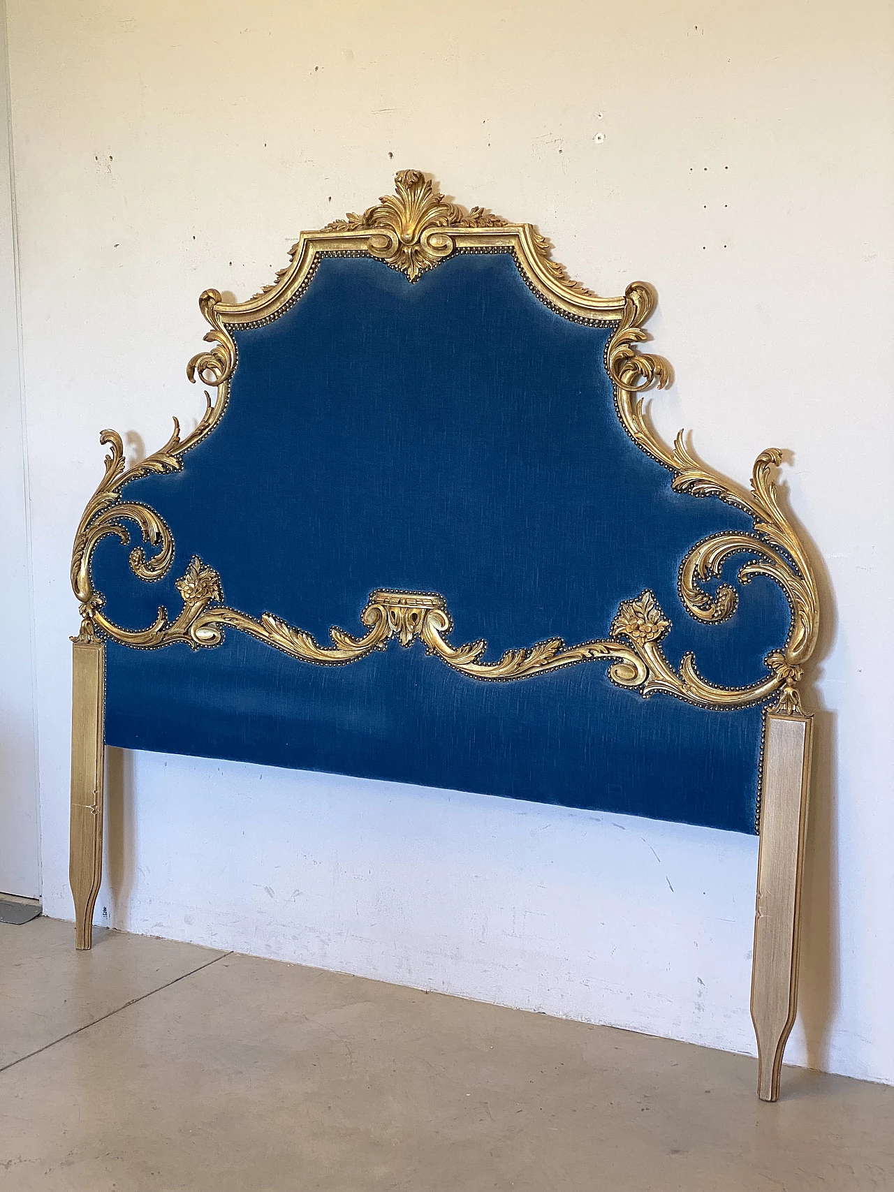 Louis XV style gilded wood and blue velvet headboard, 1960s 2
