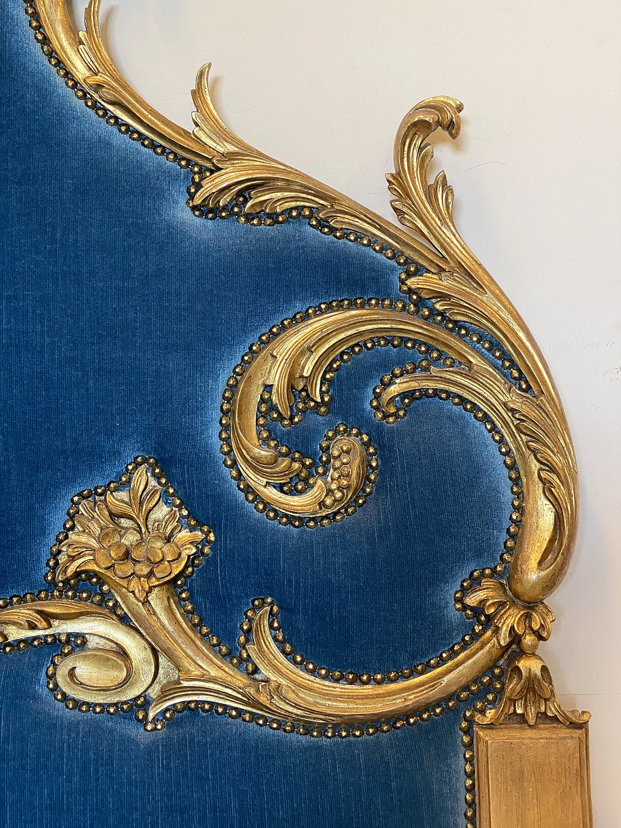 Louis XV style gilded wood and blue velvet headboard, 1960s 7