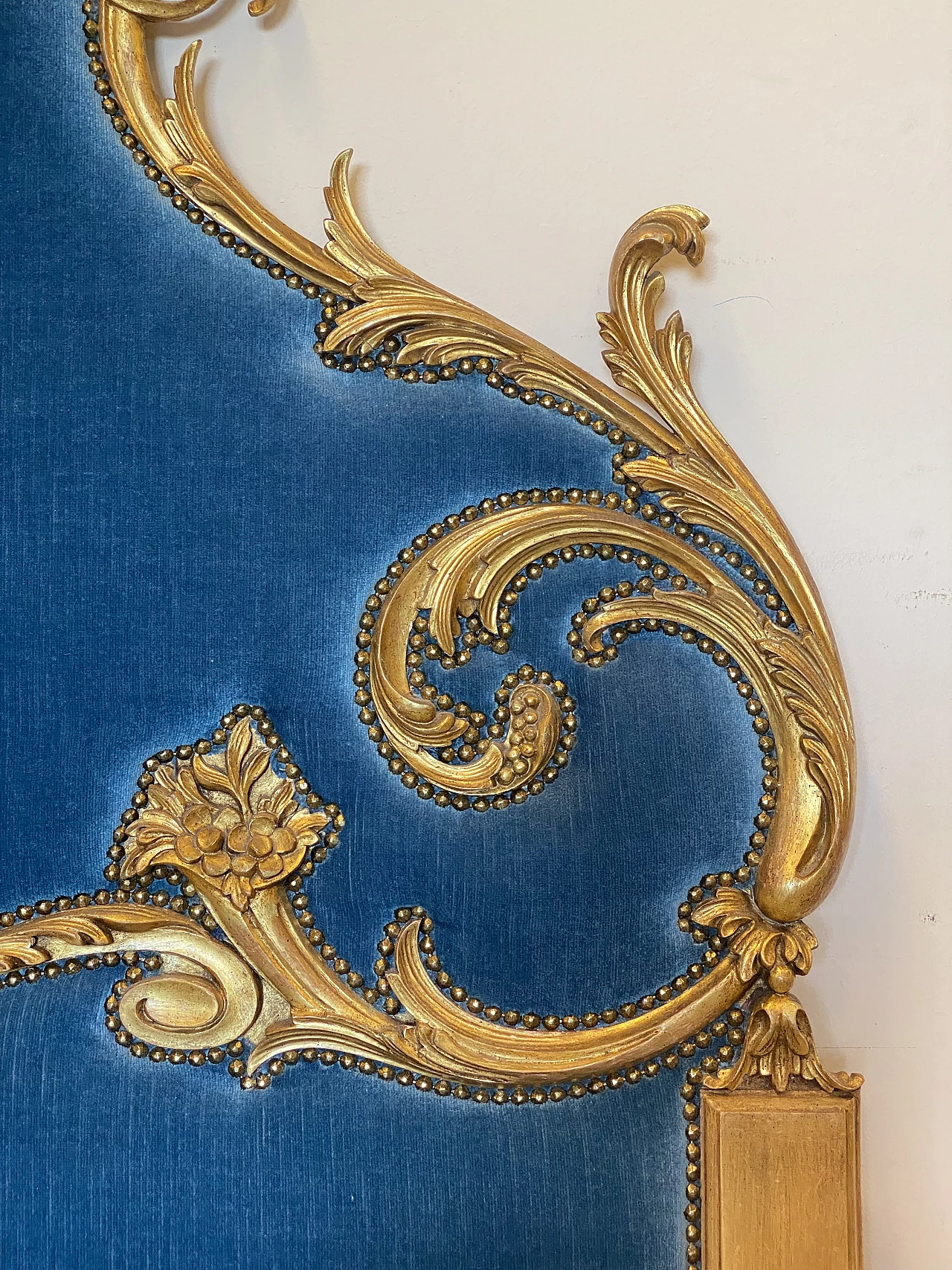 Louis XV style gilded wood and blue velvet headboard, 1960s 8