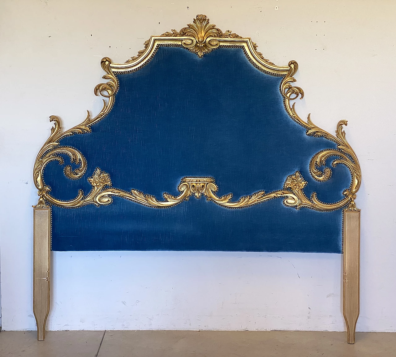Louis XV style gilded wood and blue velvet headboard, 1960s 13