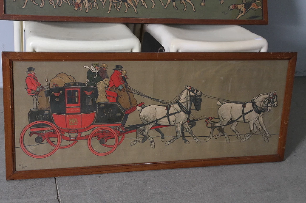 Pair of watercolor prints with figures on horseback and in carriage, 19th century 2