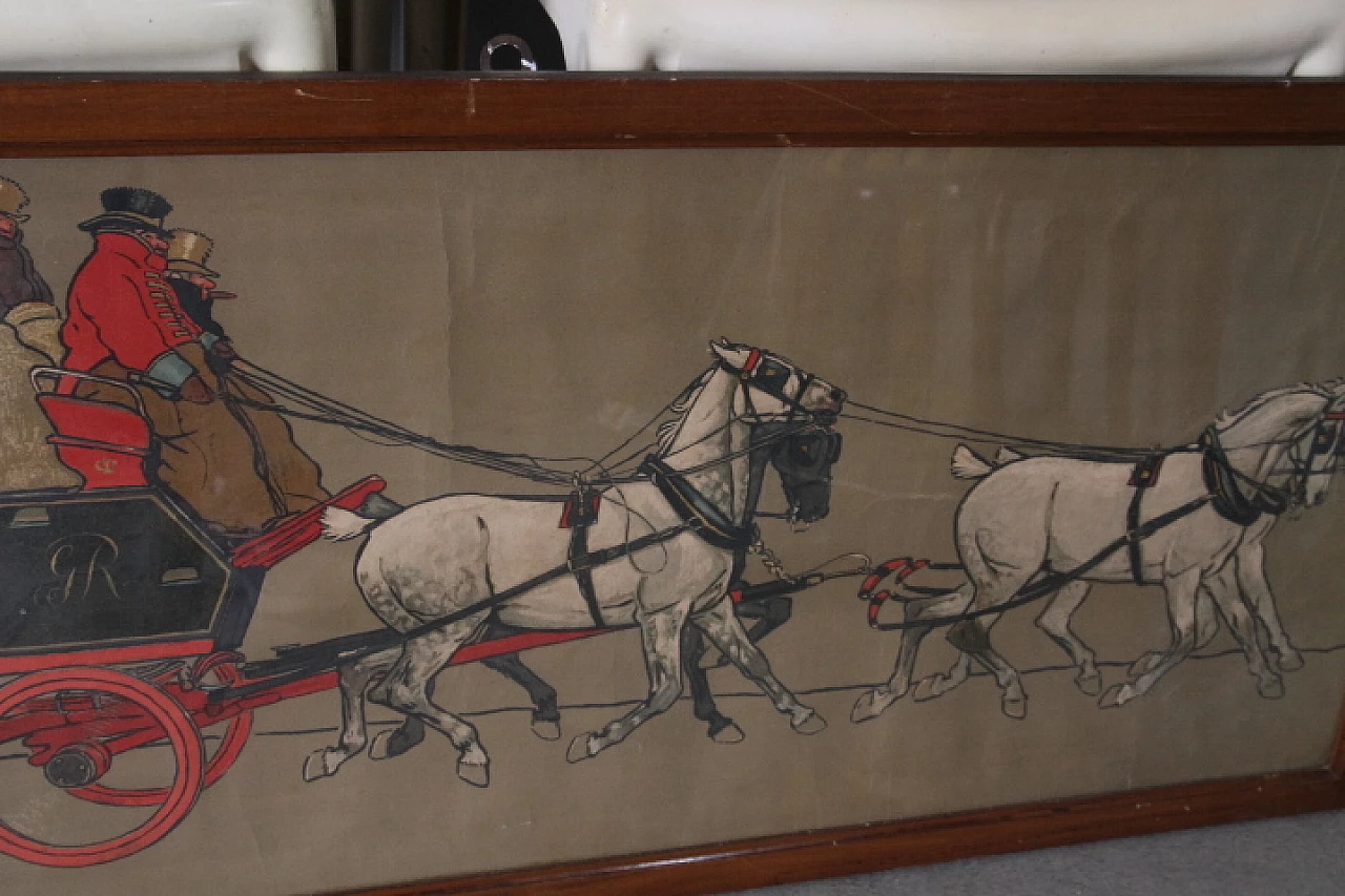 Pair of watercolor prints with figures on horseback and in carriage, 19th century 10