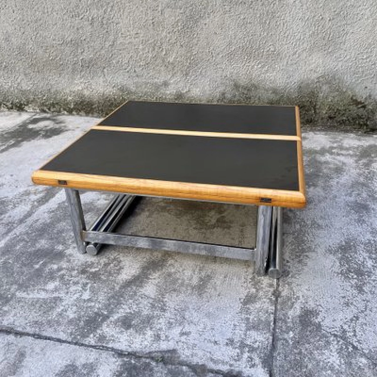 Tavolo quadrato in legno con gambe in acciaio ad altezza regolabile, anni '80 2