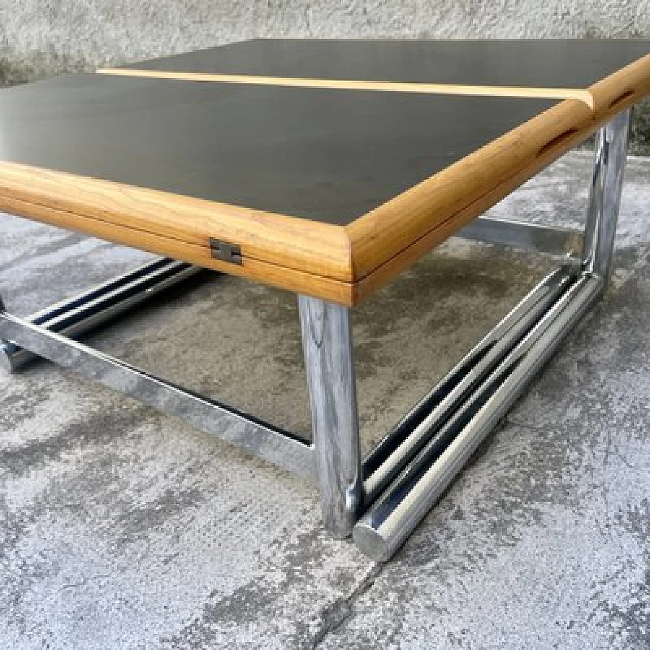 Tavolo quadrato in legno con gambe in acciaio ad altezza regolabile, anni '80 5