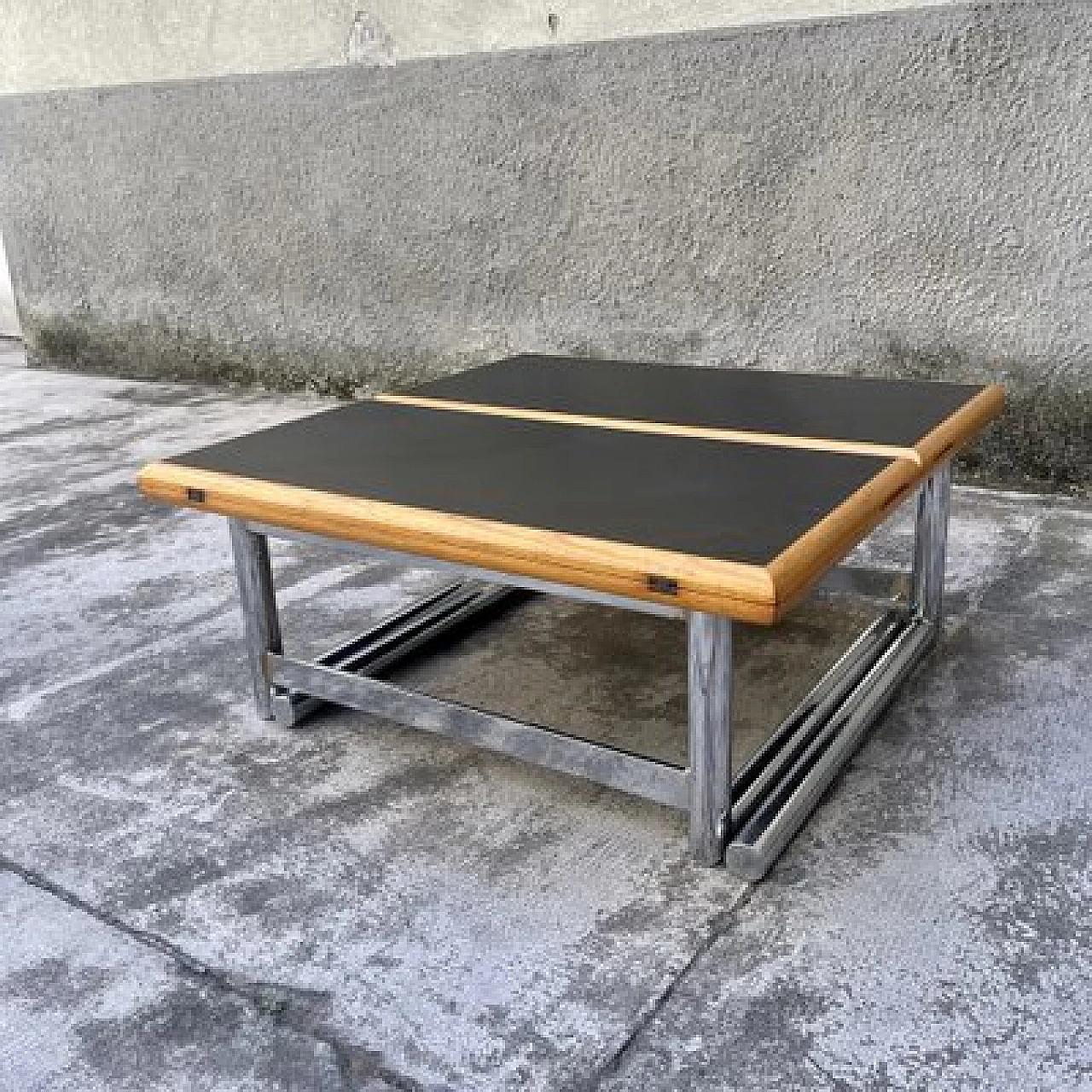 Tavolo quadrato in legno con gambe in acciaio ad altezza regolabile, anni '80 6
