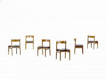 6 Chairs 107 in wood and leather by Gianfranco Frattini, 1960s