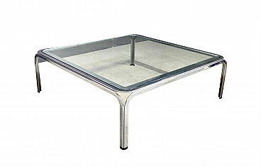 Tavolino quadrato in metallo cromato con piano in vetro, anni '70
