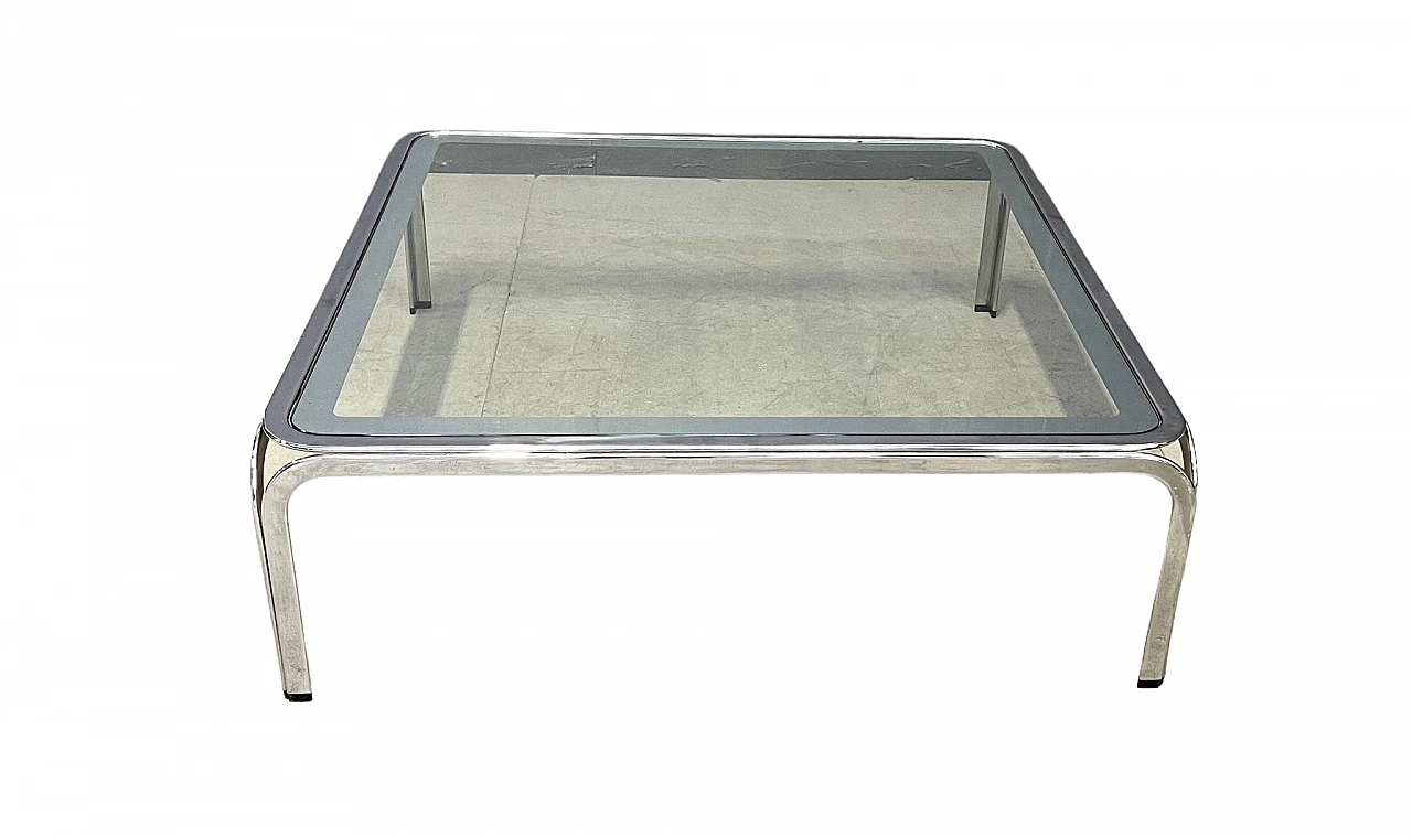 Tavolino quadrato in metallo cromato con piano in vetro, anni '70 2