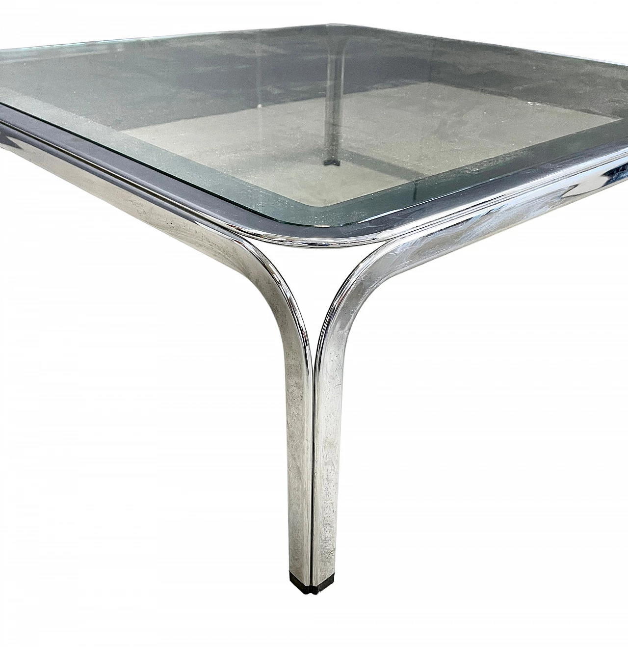 Square chromed metal coffee table with glass top, 1970s 3