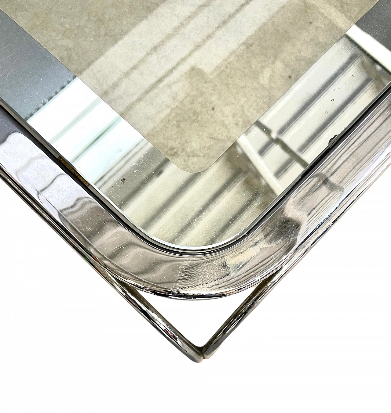 Tavolino quadrato in metallo cromato con piano in vetro, anni '70 4