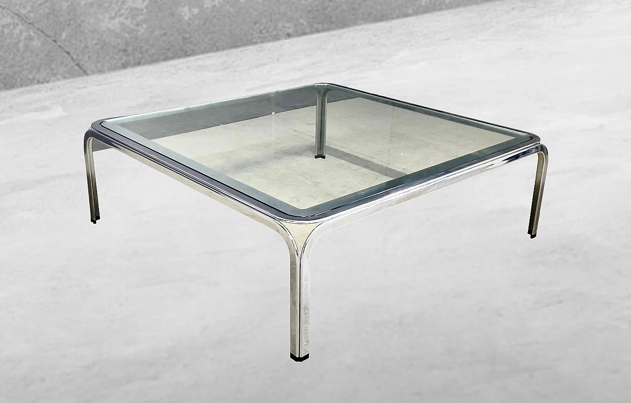 Tavolino quadrato in metallo cromato con piano in vetro, anni '70 5