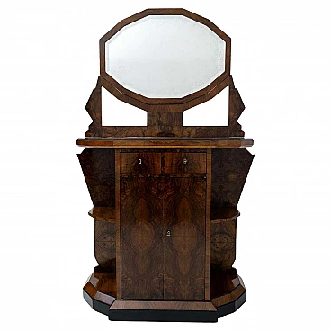 Walnut-root Art Deco sideboard with dodecagonal-framed mirror, early 20th century