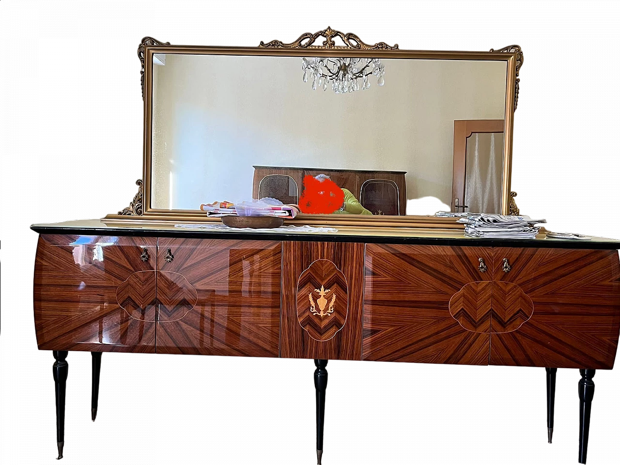 Credenza in legno con piano in vetro marmorizzato, anni '60 7