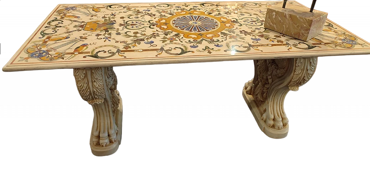 Tavolo in marmo intarsiato con basi in marmo Thassos, inizio '800 7
