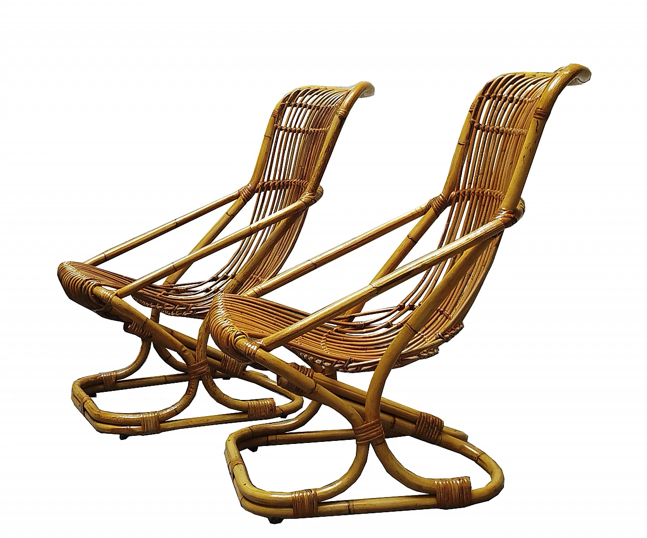 Pair of rattan and bamboo armchairs by Tito Agnoli for Bonacina, 1960s 1