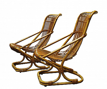 Pair of rattan and bamboo armchairs by Tito Agnoli for Bonacina, 1960s