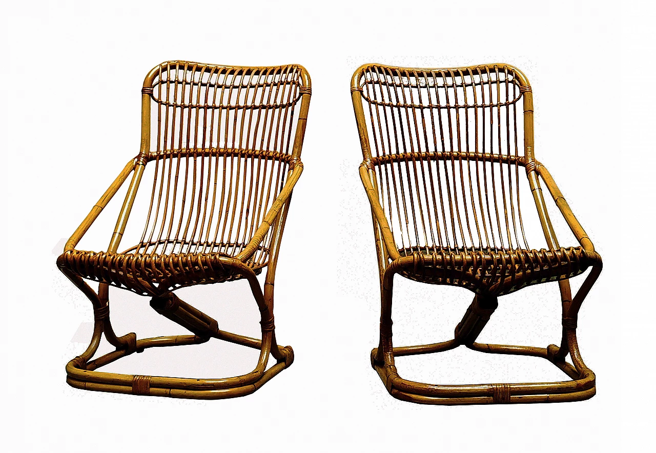 Pair of rattan and bamboo armchairs by Tito Agnoli for Bonacina, 1960s 2
