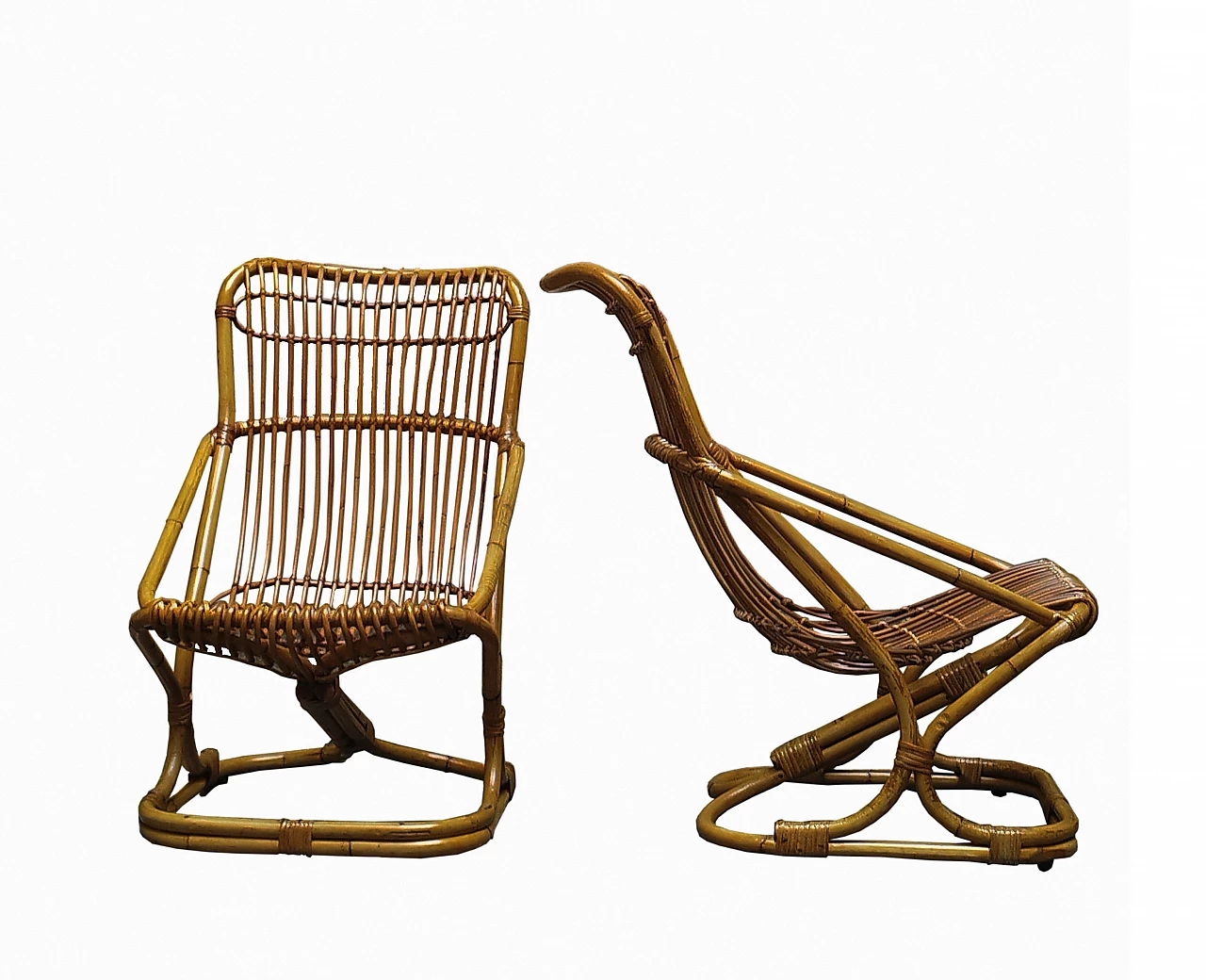 Pair of rattan and bamboo armchairs by Tito Agnoli for Bonacina, 1960s 3