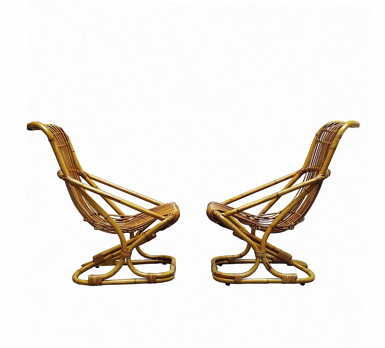 Pair of rattan and bamboo armchairs by Tito Agnoli for Bonacina, 1960s 4