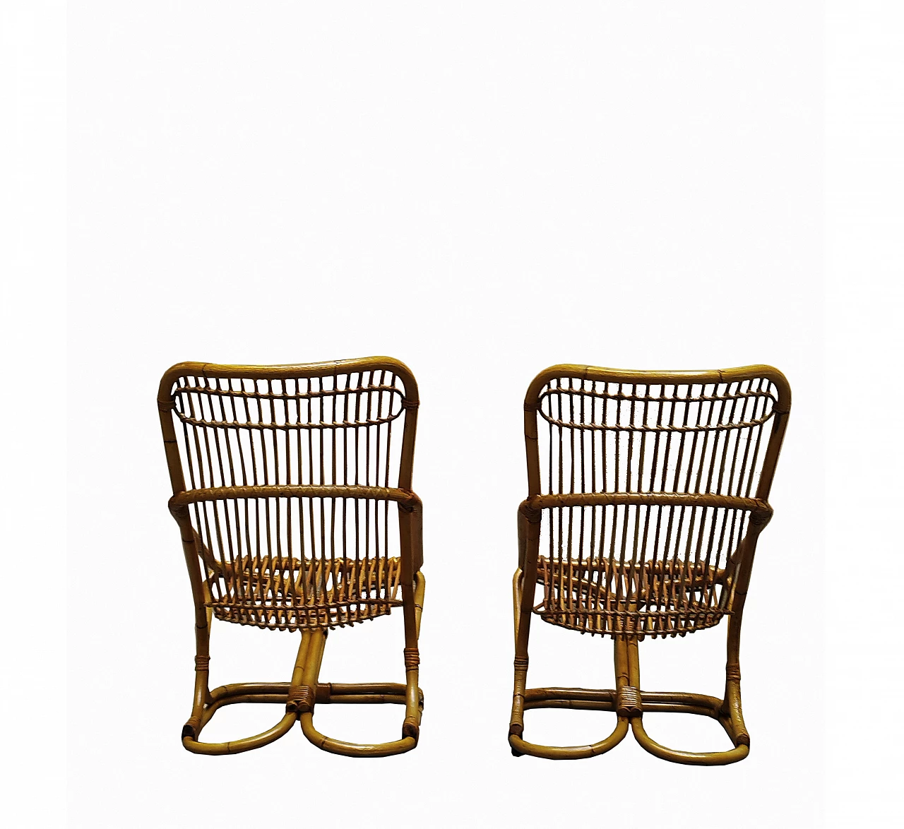 Pair of rattan and bamboo armchairs by Tito Agnoli for Bonacina, 1960s 5