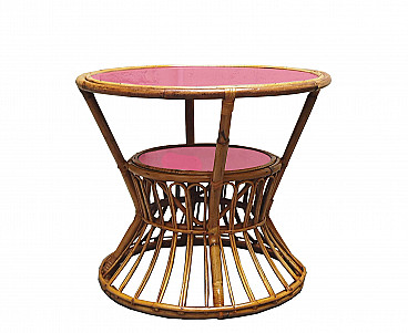 Bamboo, rattan and red glass coffee table by Tito Agnoli, 1960s