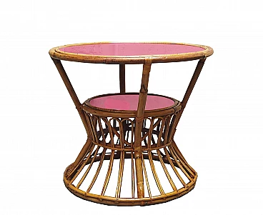 Tavolino in bambù, rattan e vetro rosso di Tito Agnoli, anni '60