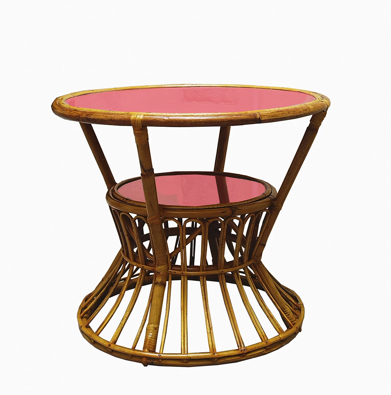 Tavolino in bambù, rattan e vetro rosso di Tito Agnoli, anni '60 2