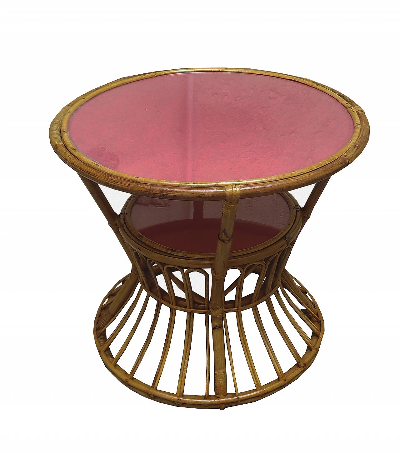 Tavolino in bambù, rattan e vetro rosso di Tito Agnoli, anni '60 3