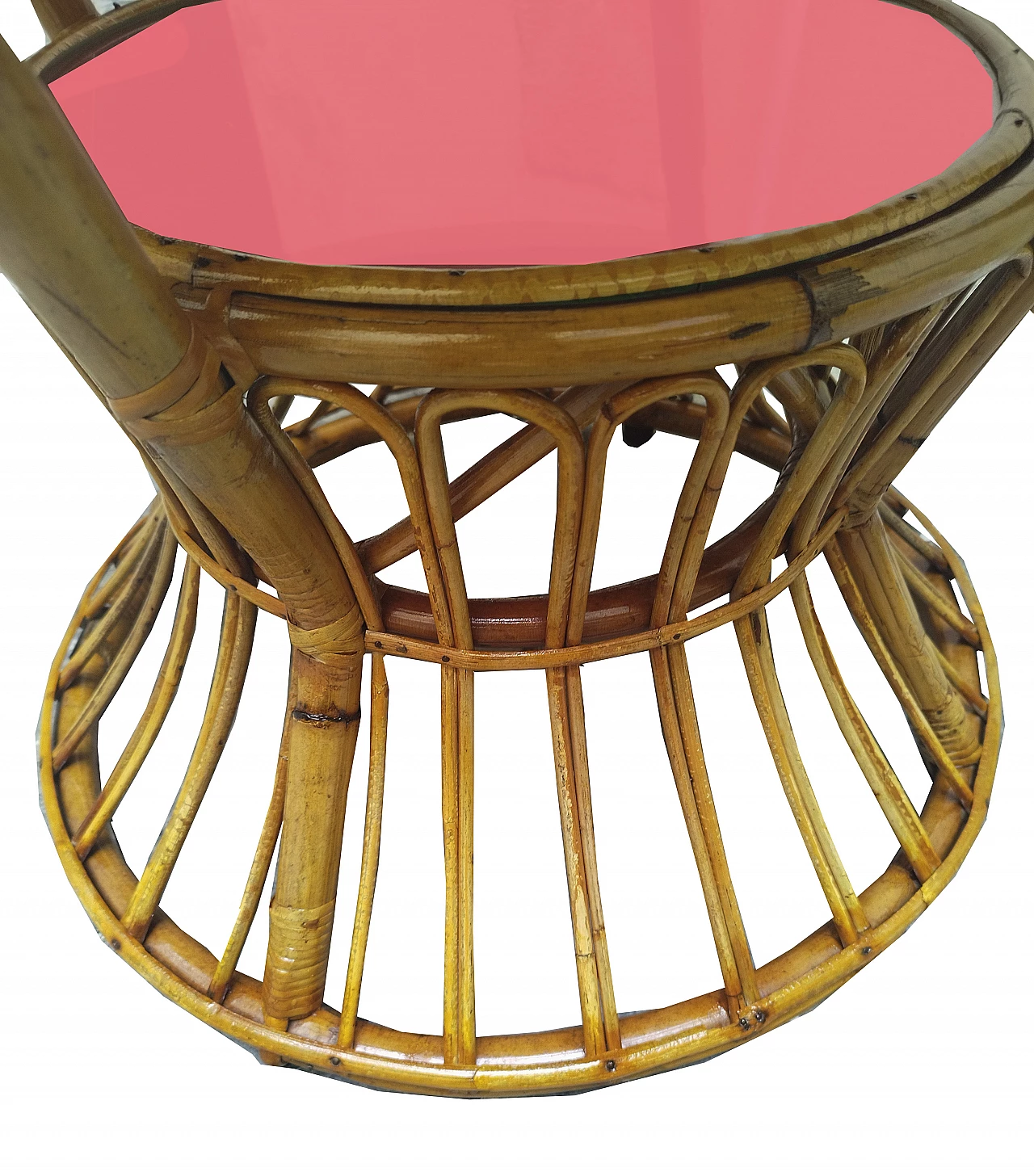 Tavolino in bambù, rattan e vetro rosso di Tito Agnoli, anni '60 5