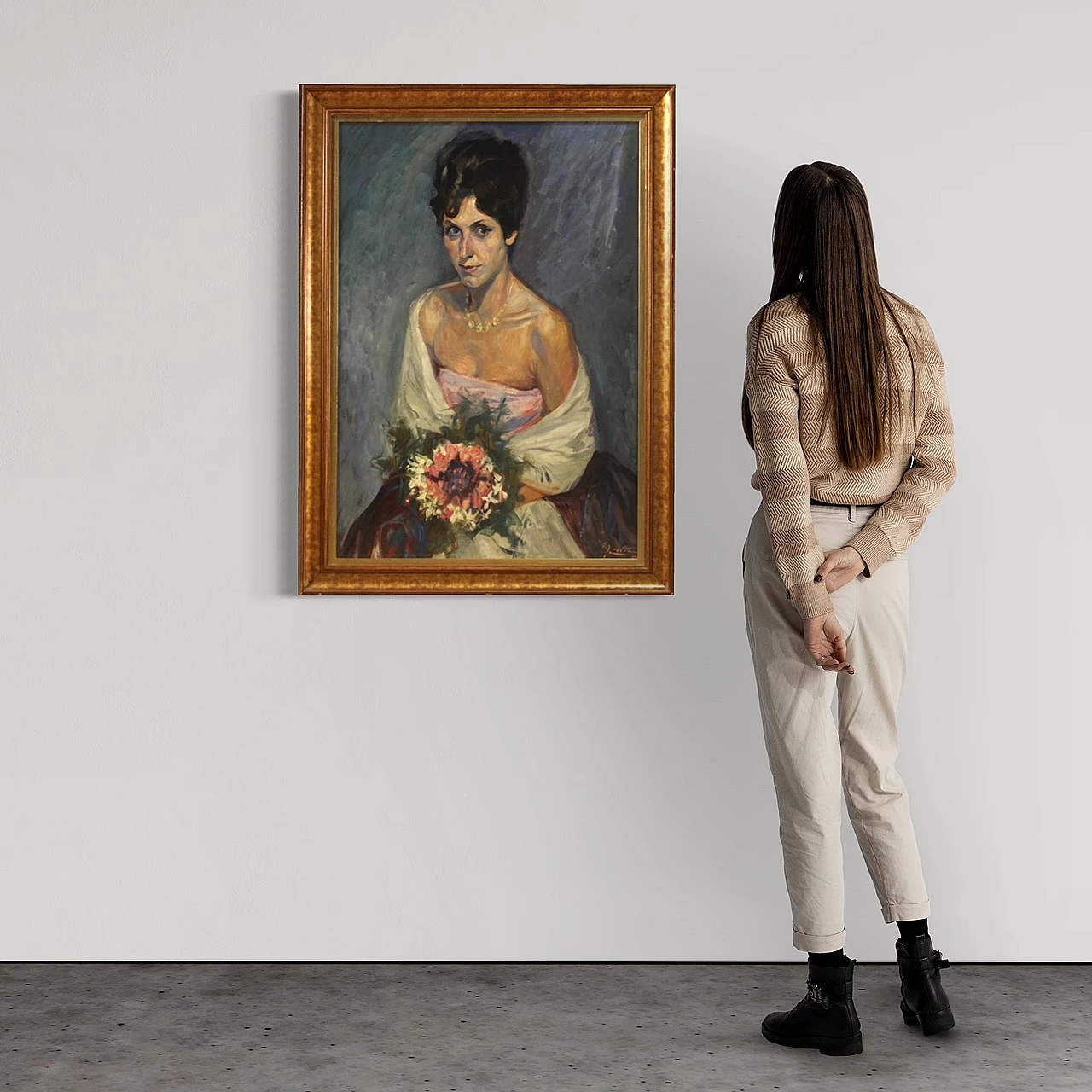 Ritratto femminile con bouquet, dipinto a tecnica mista su cartoncino 1